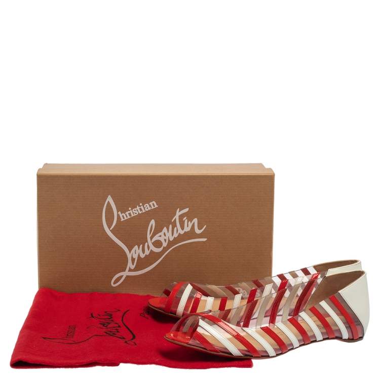 Pre Owned Christian Louboutin Red Patent Leather and PVC Peep Toe A6 Ballet Flats Size 38