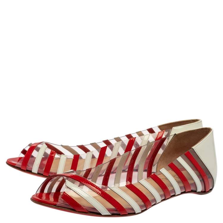 Pre Owned Christian Louboutin Red Patent Leather and PVC Peep Toe A6 Ballet Flats Size 38