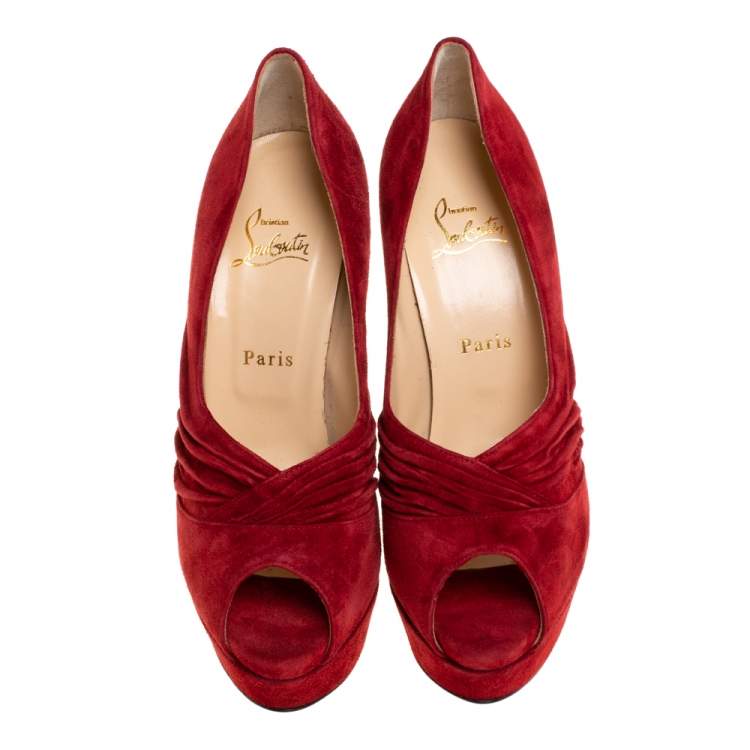 Pre Owned Christian Louboutin Red Suede Ruched Detail Drapadita Platform Peep Toe Pumps Size 40