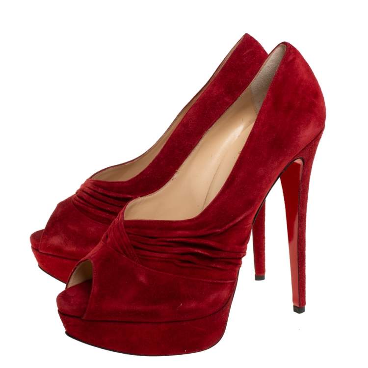 Pre Owned Christian Louboutin Red Suede Ruched Detail Drapadita Platform Peep Toe Pumps Size 40