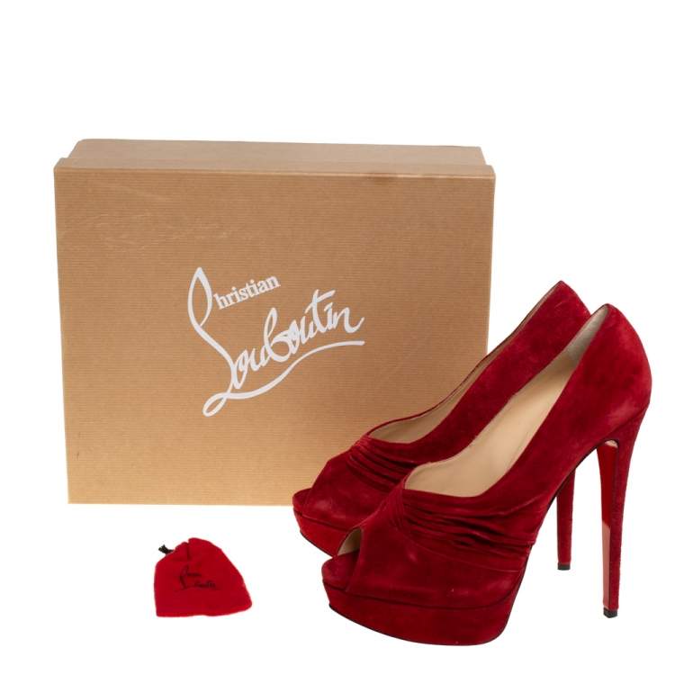 Pre Owned Christian Louboutin Red Suede Ruched Detail Drapadita Platform Peep Toe Pumps Size 40
