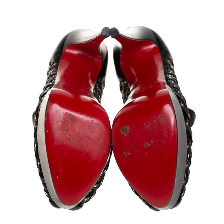 مملوكة مسبقًا Christian Louboutin Black Leather Embellished Kasha Caged Booties Size 36.5