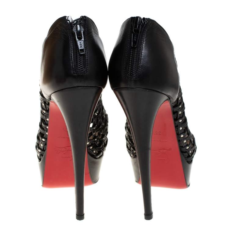 مملوكة مسبقًا Christian Louboutin Black Leather Embellished Kasha Caged Booties Size 36.5