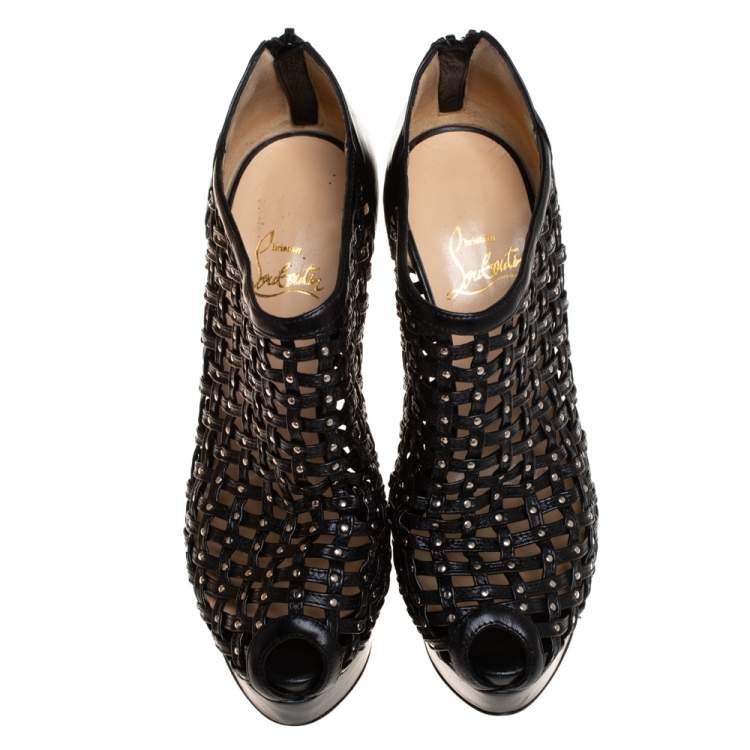 مملوكة مسبقًا Christian Louboutin Black Leather Embellished Kasha Caged Booties Size 36.5