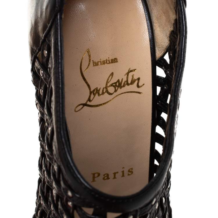 مملوكة مسبقًا Christian Louboutin Black Leather Embellished Kasha Caged Booties Size 36.5