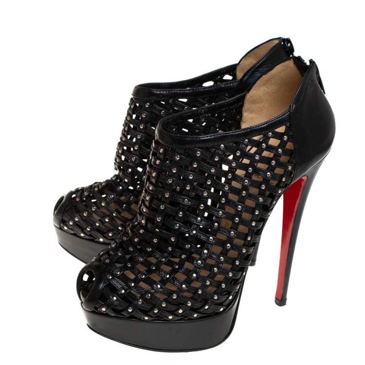 مملوكة مسبقًا Christian Louboutin Black Leather Embellished Kasha Caged Booties Size 36.5