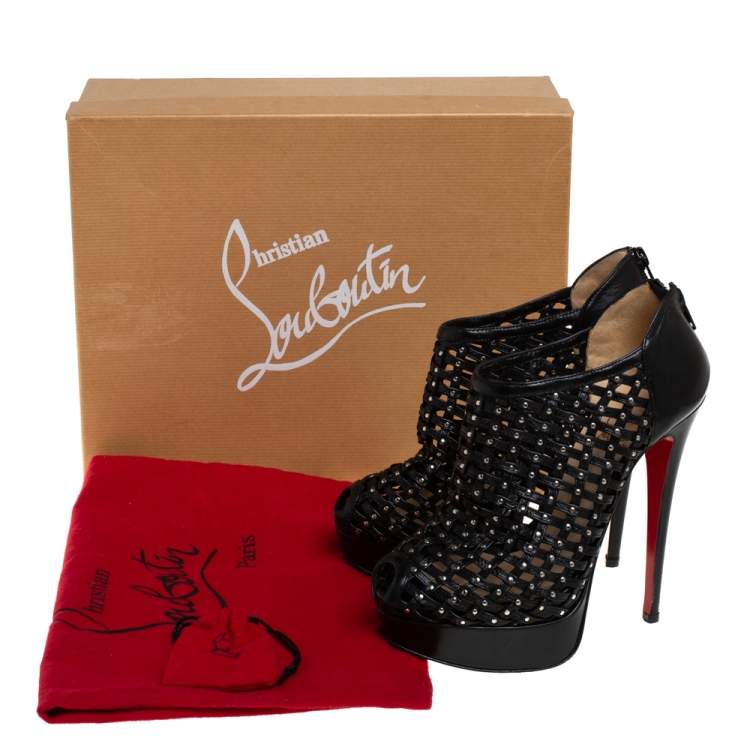مملوكة مسبقًا Christian Louboutin Black Leather Embellished Kasha Caged Booties Size 36.5