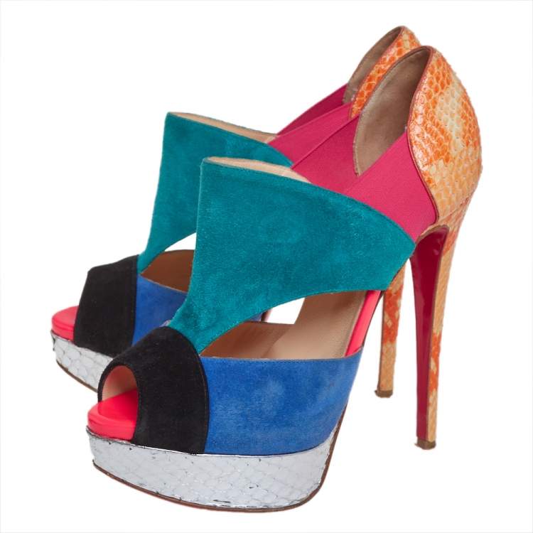 Pre Owned Christian Louboutin Multicolour Python Leather And Suede Pitou Pumps Size 37.5