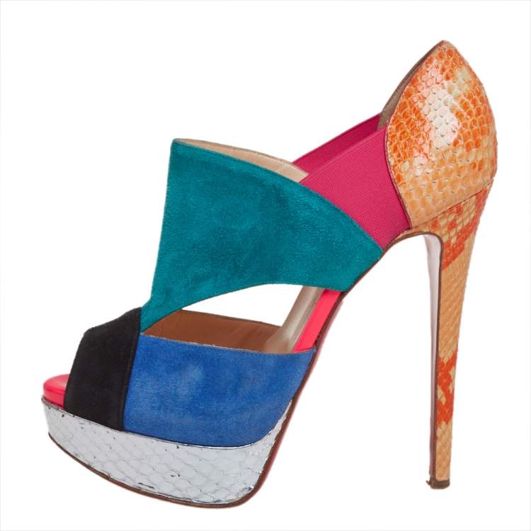 Pre Owned Christian Louboutin Multicolour Python Leather And Suede Pitou Pumps Size 37.5