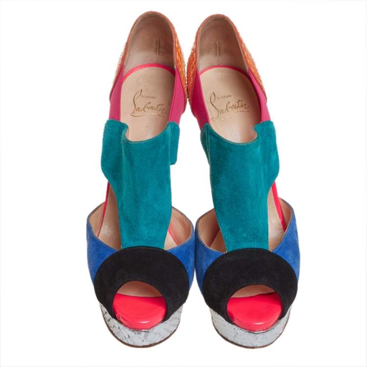 Pre Owned Christian Louboutin Multicolour Python Leather And Suede Pitou Pumps Size 37.5