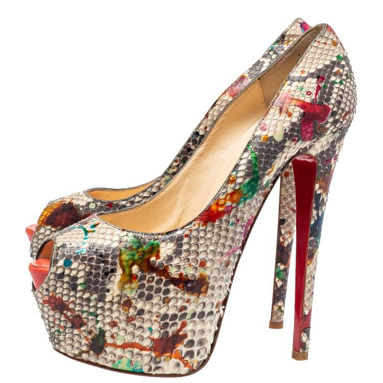Pre Owned Christian Louboutin Multicolor Python Carnival Highness Peep Toe Platform Pumps Size 38.5