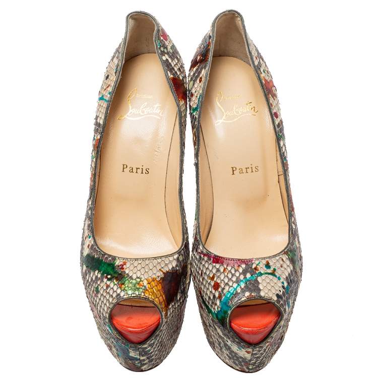Pre Owned Christian Louboutin Multicolor Python Carnival Highness Peep Toe Platform Pumps Size 38.5