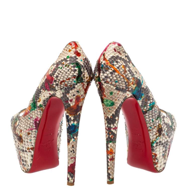 Pre Owned Christian Louboutin Multicolor Python Carnival Highness Peep Toe Platform Pumps Size 38.5