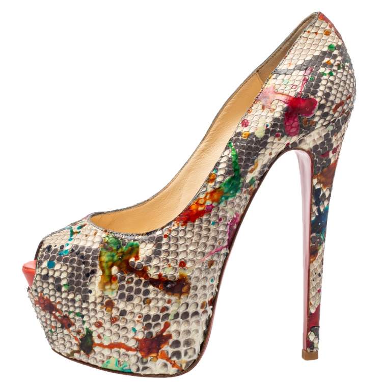 Pre Owned Christian Louboutin Multicolor Python Carnival Highness Peep Toe Platform Pumps Size 38.5