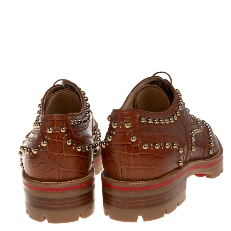 Pre Owned Christian Louboutin Brown Croc Embossed Leather Crapadonna Oxfords Size 37