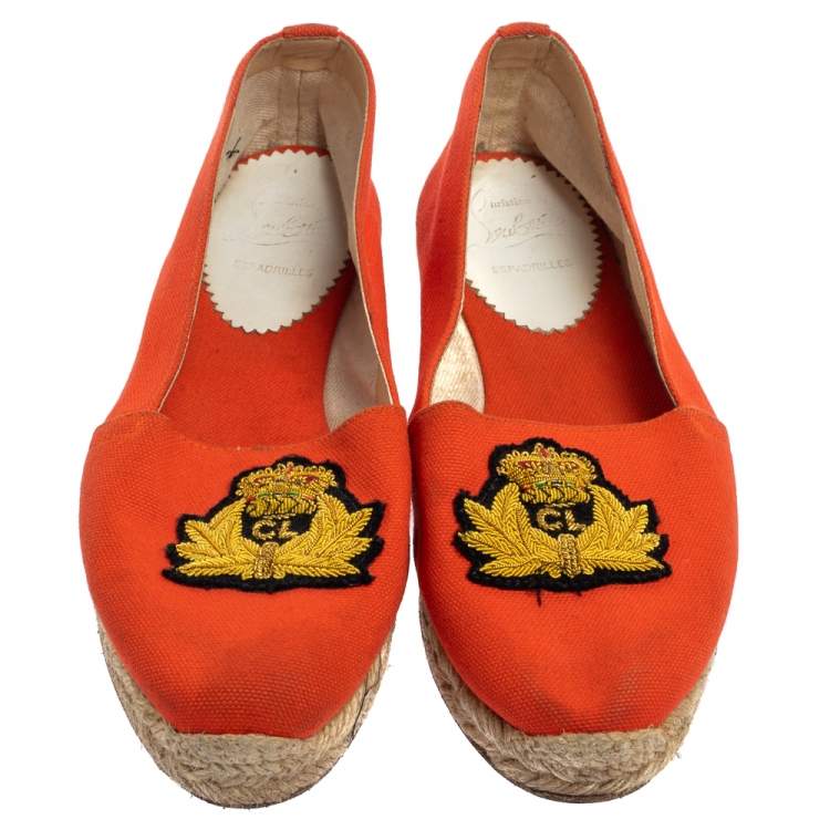 Pre Owned Christian Louboutin Orange Canvas Espadrille Flats Size 36