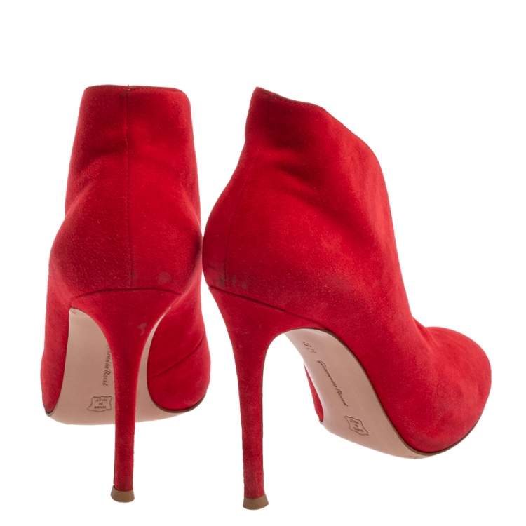 Pre Owned Gianvito Rossi Red Suede Vamp Peep Toe Booties Size 35.5