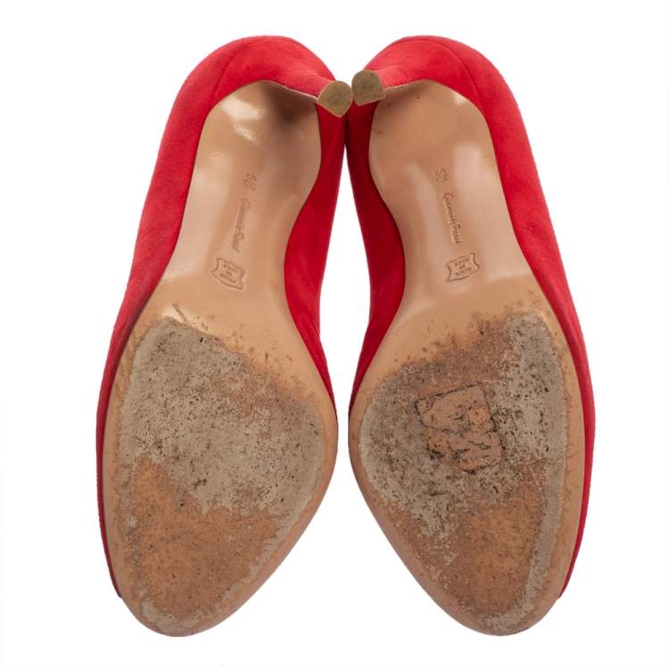 Pre Owned Gianvito Rossi Red Suede Vamp Peep Toe Booties Size 35.5
