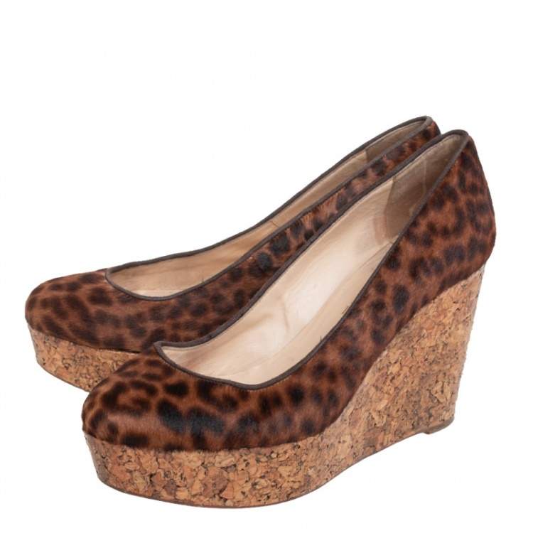 Pre Owned Christian Louboutin Brown Leopard Print Pony Hair Coroclic Cork Wedge Platform Pumps  Size 38