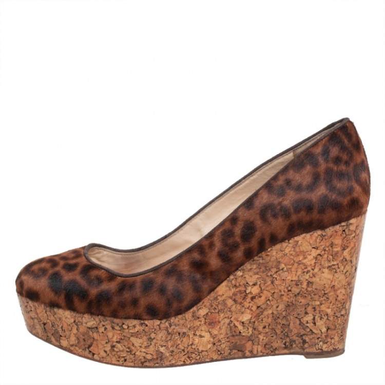 Pre Owned Christian Louboutin Brown Leopard Print Pony Hair Coroclic Cork Wedge Platform Pumps  Size 38