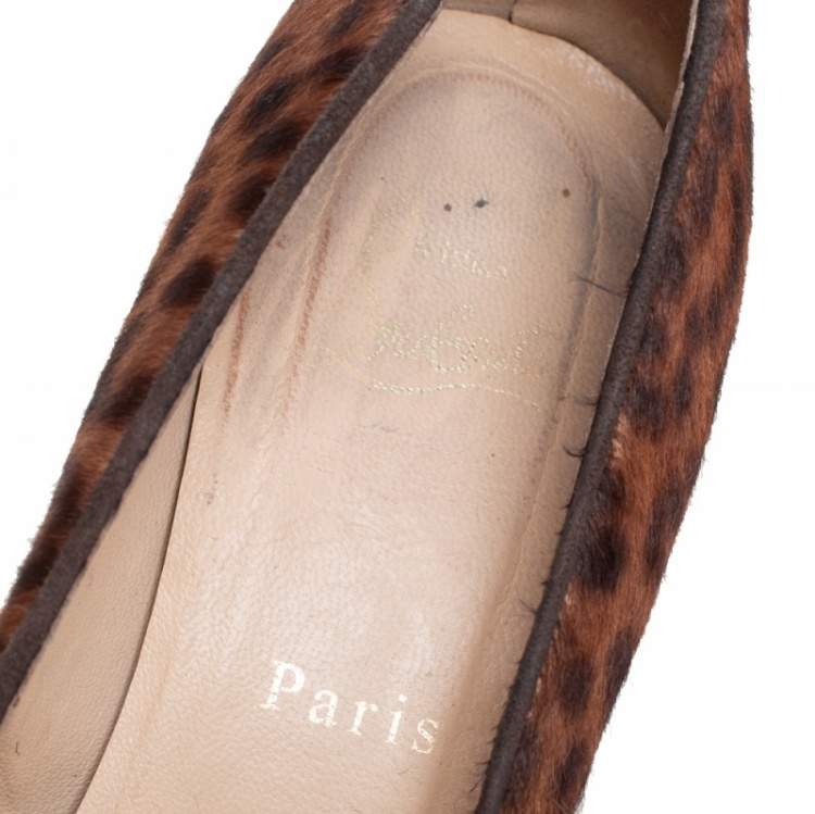 Pre Owned Christian Louboutin Brown Leopard Print Pony Hair Coroclic Cork Wedge Platform Pumps  Size 38