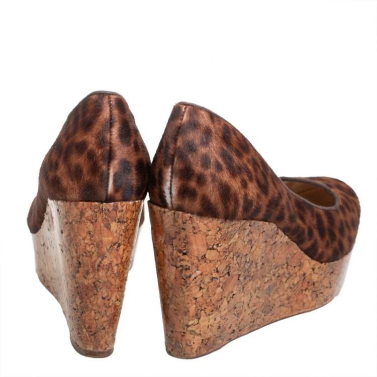 Pre Owned Christian Louboutin Brown Leopard Print Pony Hair Coroclic Cork Wedge Platform Pumps  Size 38