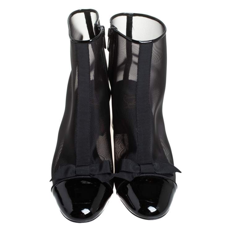 Pre Owned Christian Louboutin Black Mesh And Patent leather Checkypoint Ankle Boots Size 36.5