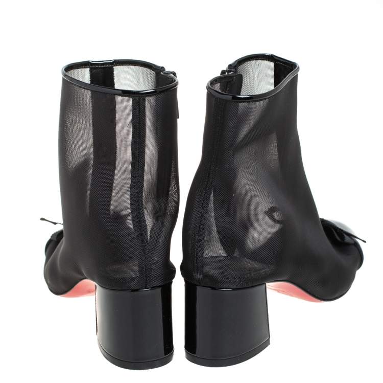 Pre Owned Christian Louboutin Black Mesh And Patent leather Checkypoint Ankle Boots Size 36.5