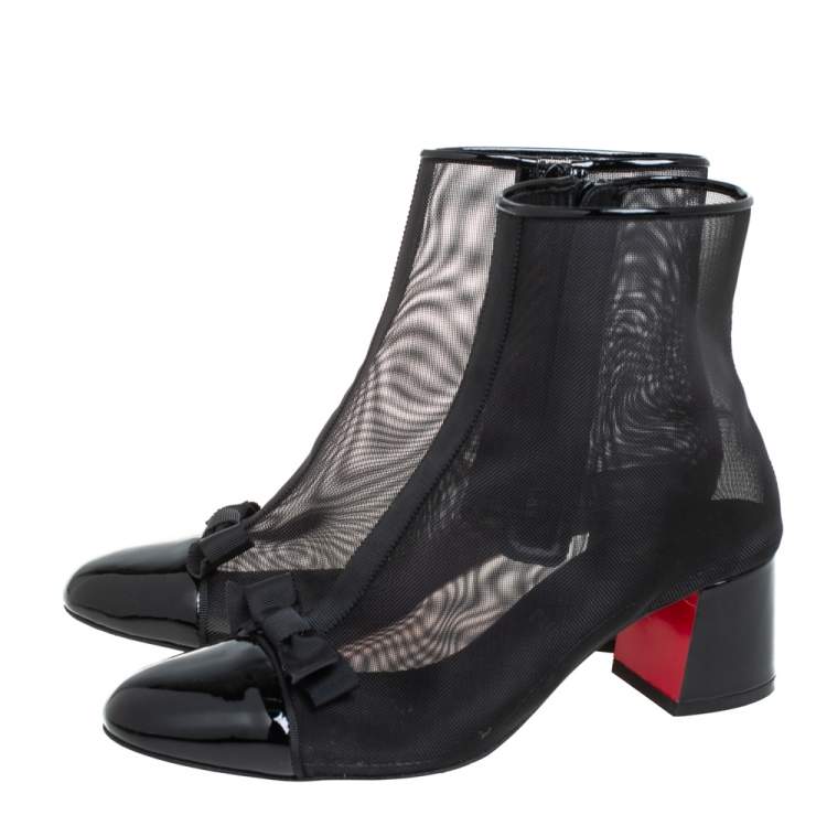 Pre Owned Christian Louboutin Black Mesh And Patent leather Checkypoint Ankle Boots Size 36.5