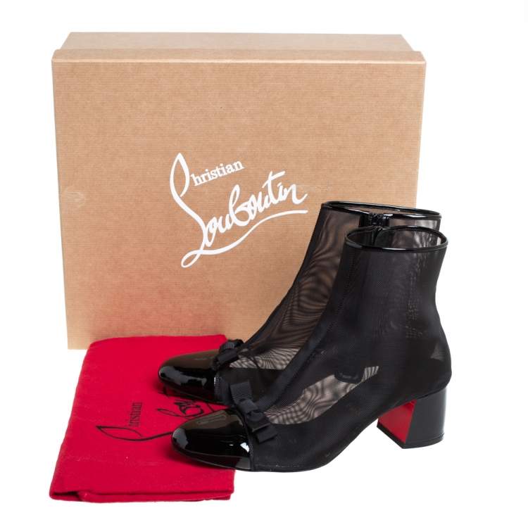 Pre Owned Christian Louboutin Black Mesh And Patent leather Checkypoint Ankle Boots Size 36.5
