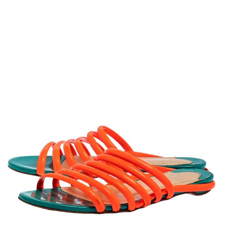 Pre Owned Christian Louboutin Neon Orange Patent Leather Slide Sandals Size 37
