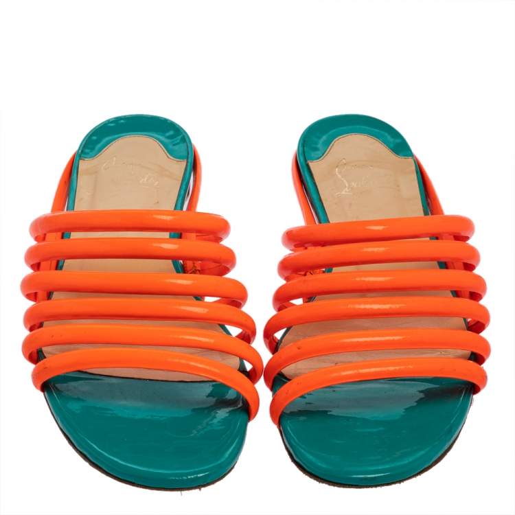 Pre Owned Christian Louboutin Neon Orange Patent Leather Slide Sandals Size 37