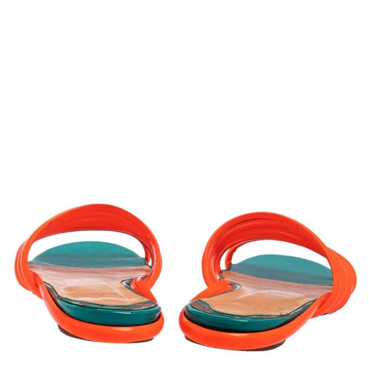 Pre Owned Christian Louboutin Neon Orange Patent Leather Slide Sandals Size 37
