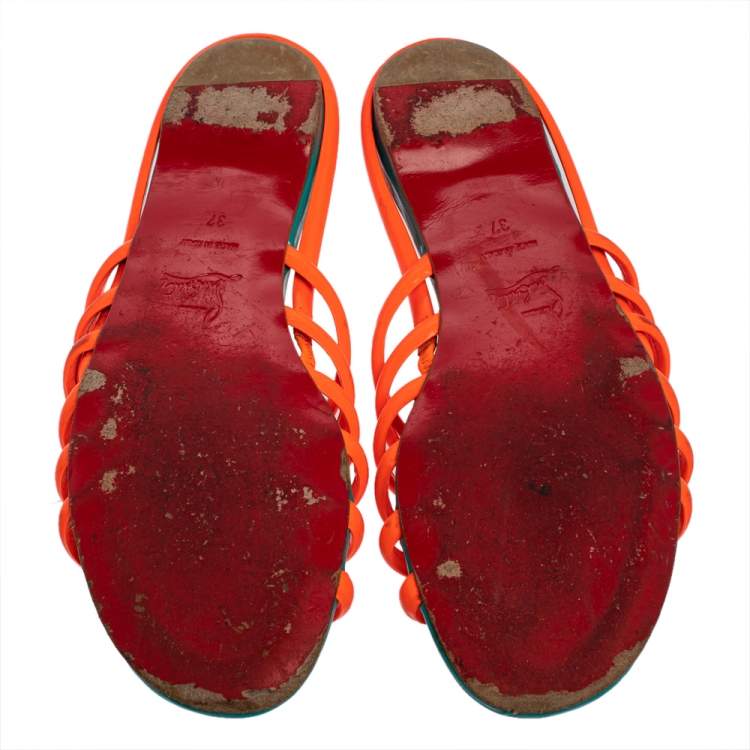 Pre Owned Christian Louboutin Neon Orange Patent Leather Slide Sandals Size 37