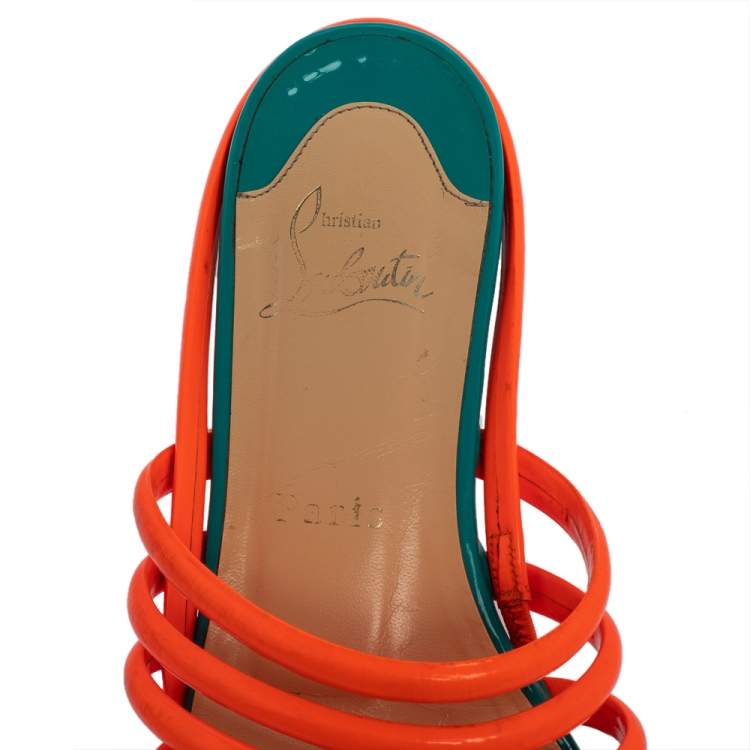 Pre Owned Christian Louboutin Neon Orange Patent Leather Slide Sandals Size 37