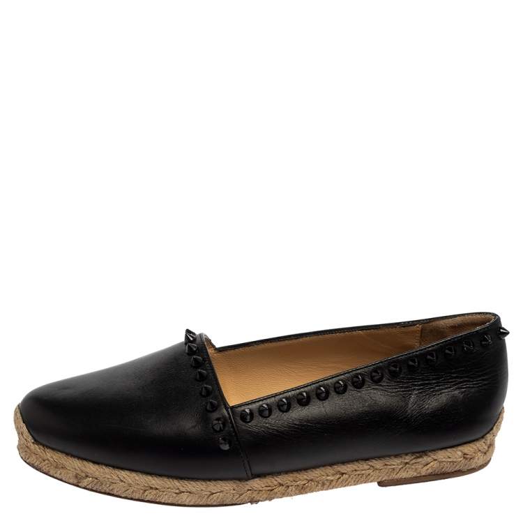 Pre Owned Christian Louboutin Black Leather Melides Spike Trim Flat Espadrilles Size 37
