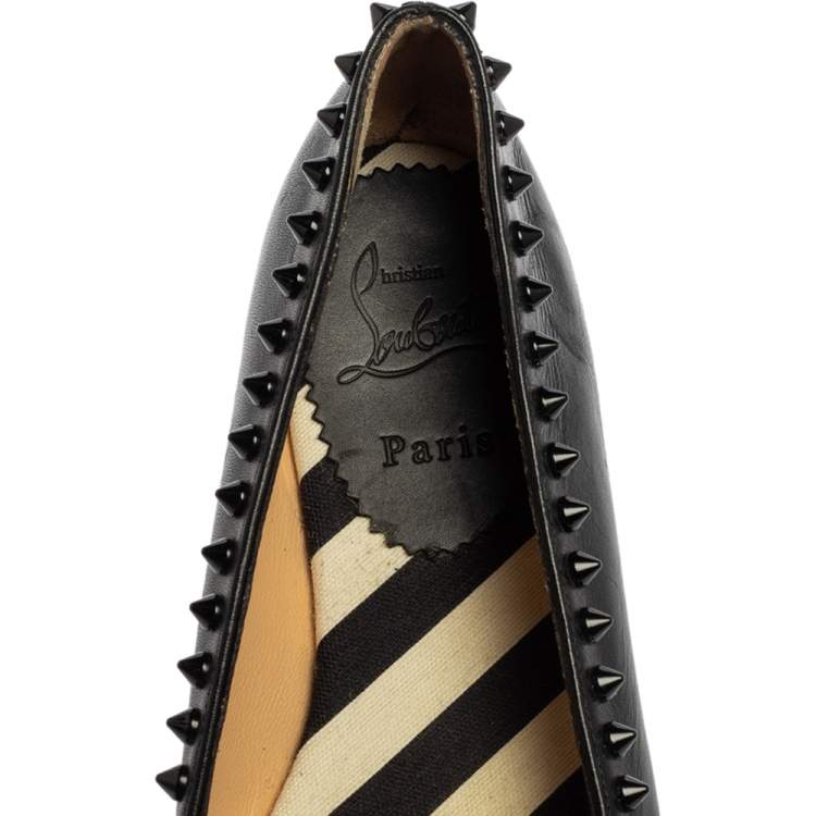 Pre Owned Christian Louboutin Black Leather Melides Spike Trim Flat Espadrilles Size 37
