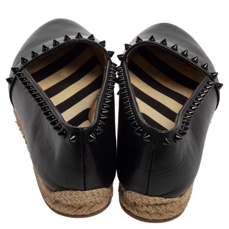 Pre Owned Christian Louboutin Black Leather Melides Spike Trim Flat Espadrilles Size 37
