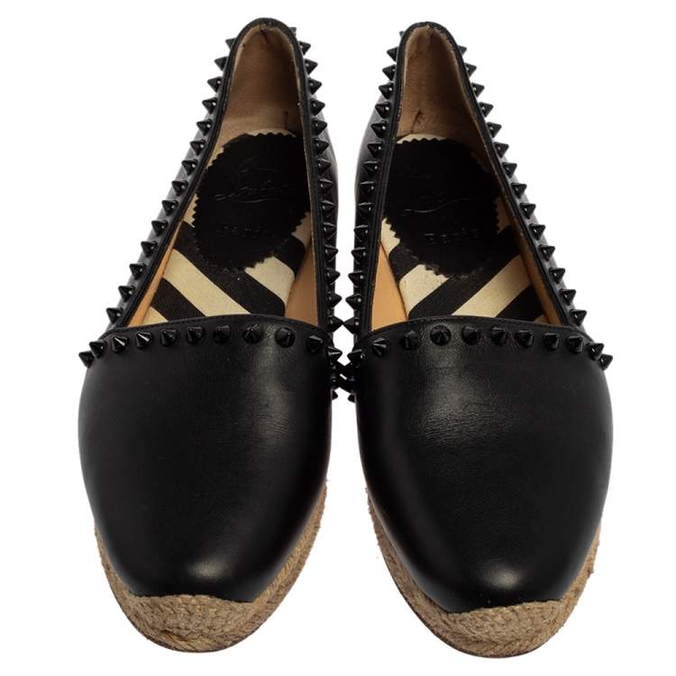 Pre Owned Christian Louboutin Black Leather Melides Spike Trim Flat Espadrilles Size 37