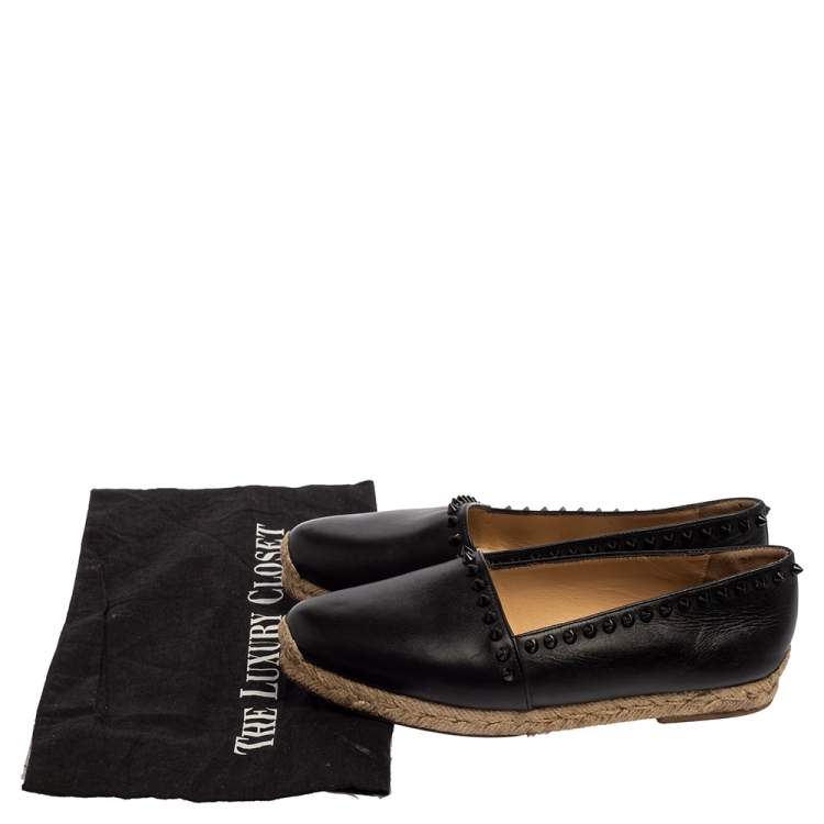 Pre Owned Christian Louboutin Black Leather Melides Spike Trim Flat Espadrilles Size 37