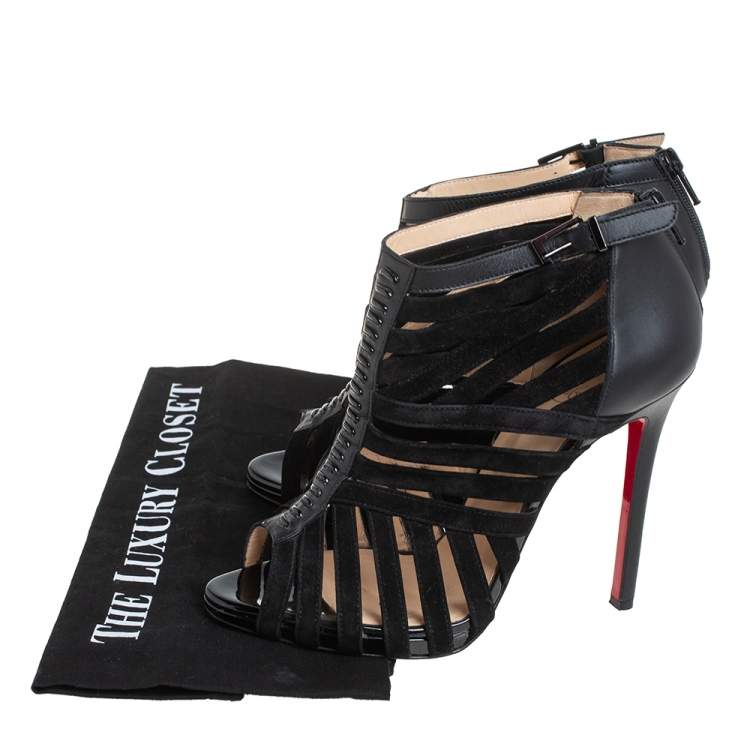 مملوكة مسبقًا Christian Louboutin Black  Leather And Suede Caged Karina Ankle Booties Size 39
