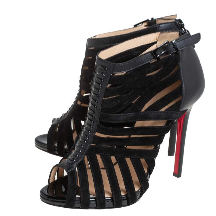 مملوكة مسبقًا Christian Louboutin Black  Leather And Suede Caged Karina Ankle Booties Size 39