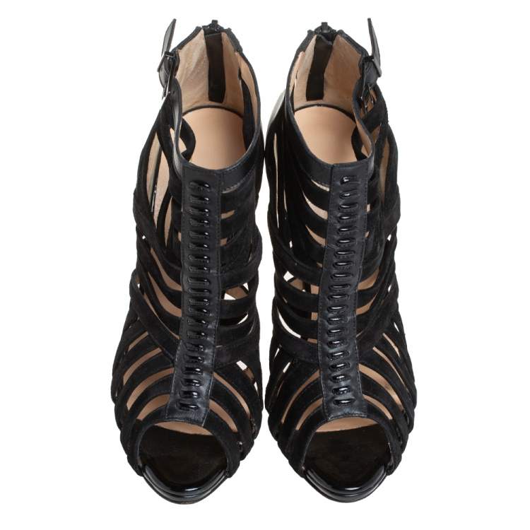 مملوكة مسبقًا Christian Louboutin Black  Leather And Suede Caged Karina Ankle Booties Size 39