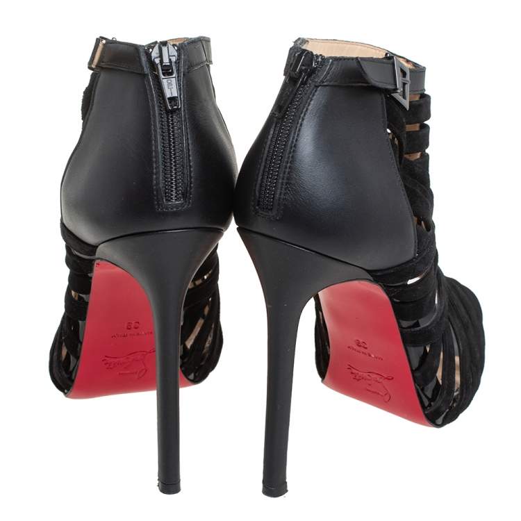 مملوكة مسبقًا Christian Louboutin Black  Leather And Suede Caged Karina Ankle Booties Size 39