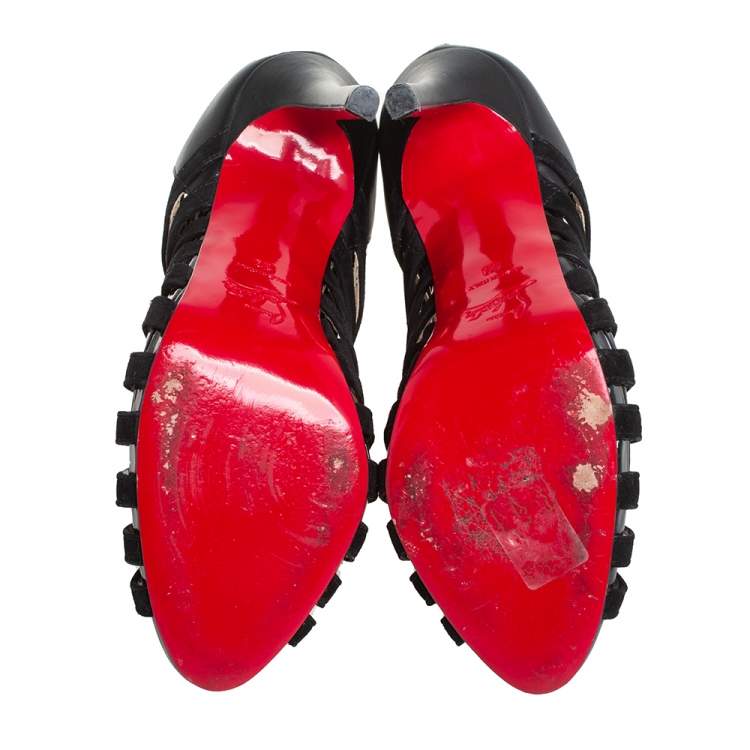 مملوكة مسبقًا Christian Louboutin Black  Leather And Suede Caged Karina Ankle Booties Size 39