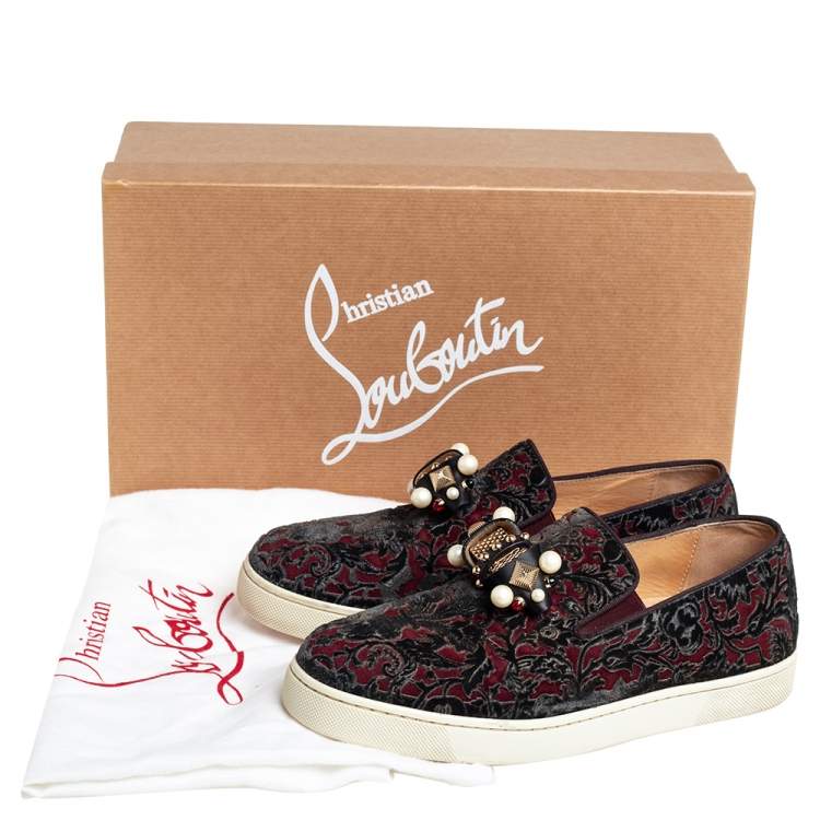 مملوكة مسبقًا Christian Louboutin Burgundy/Black Printed Velvet Jewel Slip On Sneakers Size 37