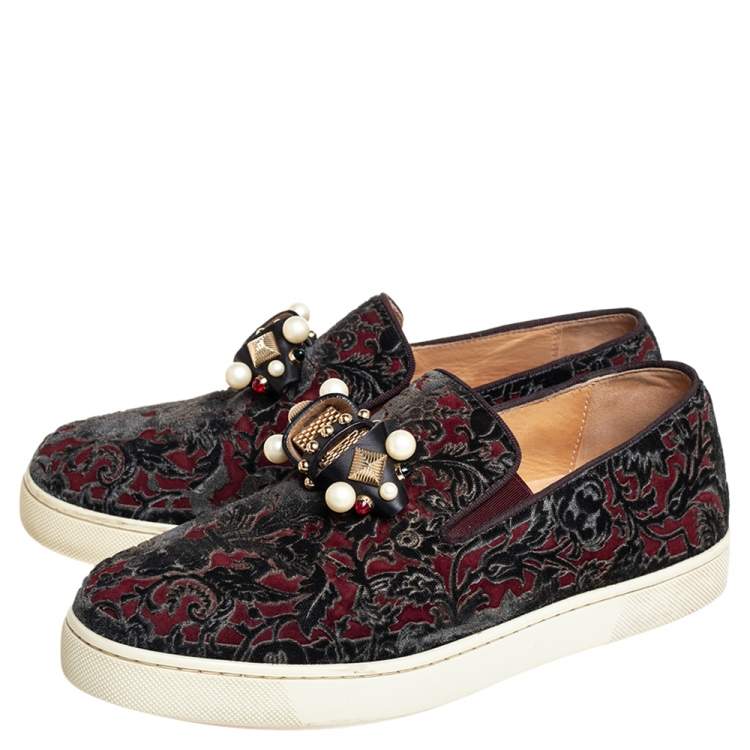 مملوكة مسبقًا Christian Louboutin Burgundy/Black Printed Velvet Jewel Slip On Sneakers Size 37