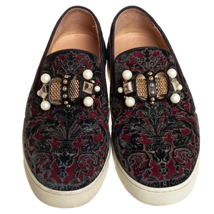 مملوكة مسبقًا Christian Louboutin Burgundy/Black Printed Velvet Jewel Slip On Sneakers Size 37