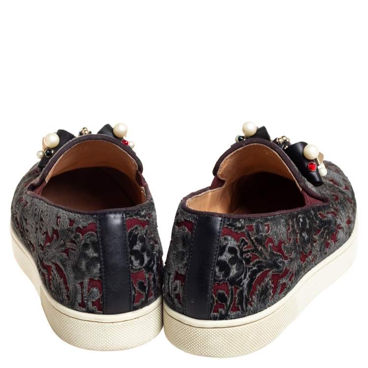 مملوكة مسبقًا Christian Louboutin Burgundy/Black Printed Velvet Jewel Slip On Sneakers Size 37