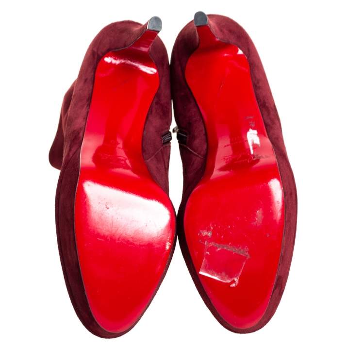 Pre Owned Christian Louboutin Maroon Suede Bianca Platform Ankle Booties Size 40